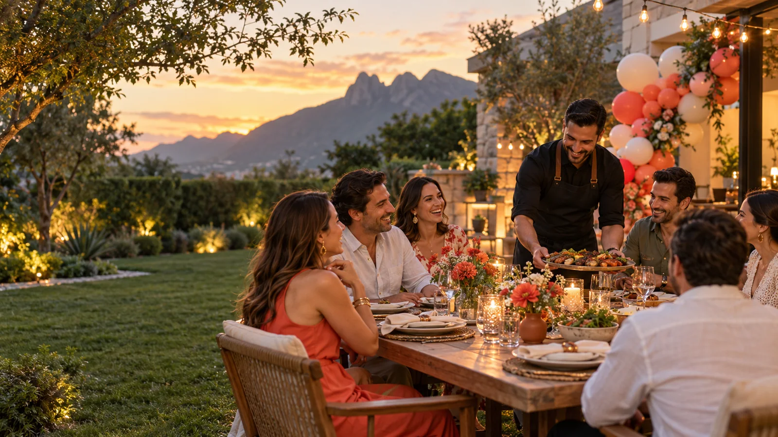 Personas disfrutando una celebración en un jardín mientras se sirve la comida